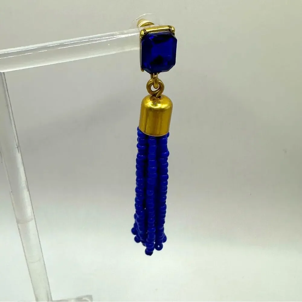 J. Crew Cobalt Beaded Tassel Earrings Casual luxe Preppy Summer Dangle Drop